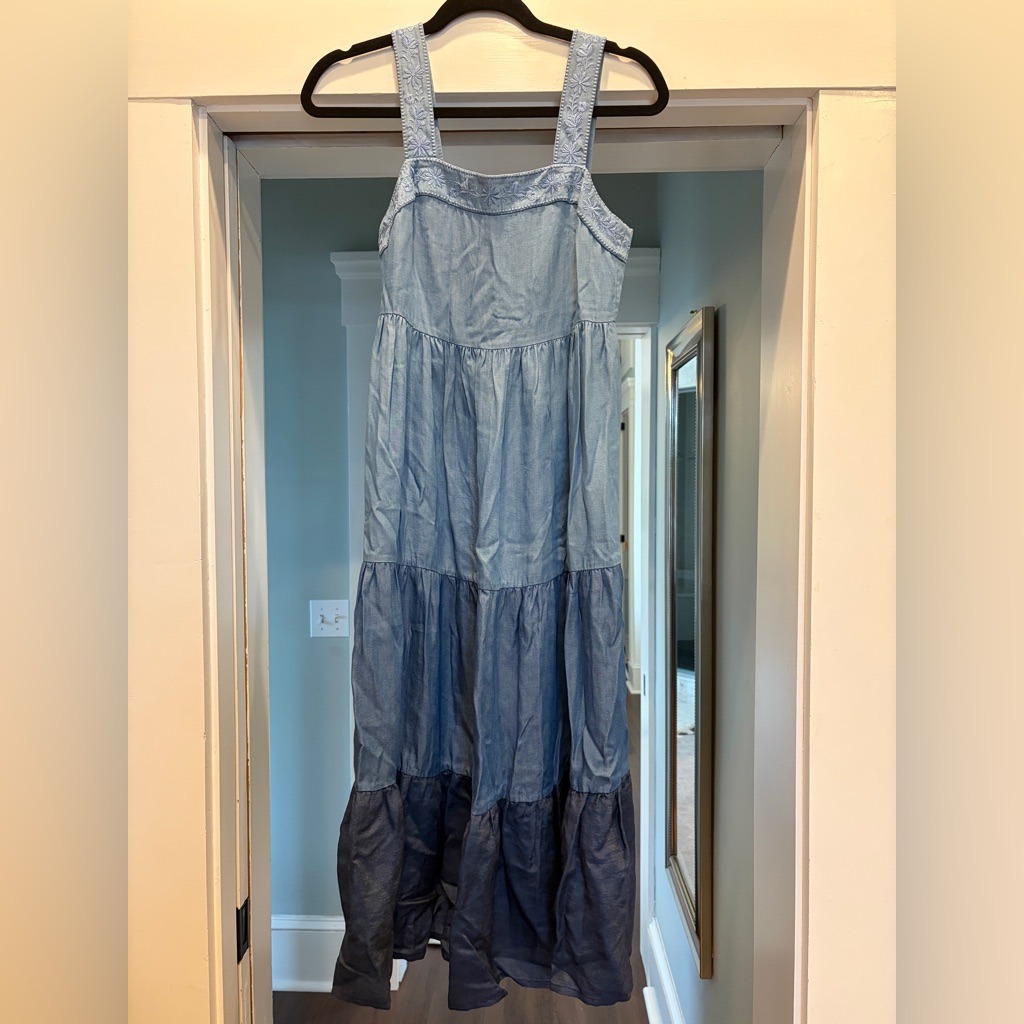 Kate Spade Tiered Blue Chambray Maxi Dress Xs